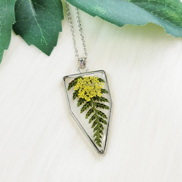 Floral Pendant Necklace Pressed Dried Flowers and Leaves Yellow and Green Floral - Picture 1 of 9